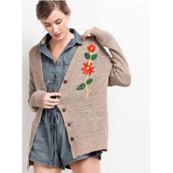 Easel Small Retro Cardigan Front button Cozy Anthropologie Embroidered - Picture 2 of 6